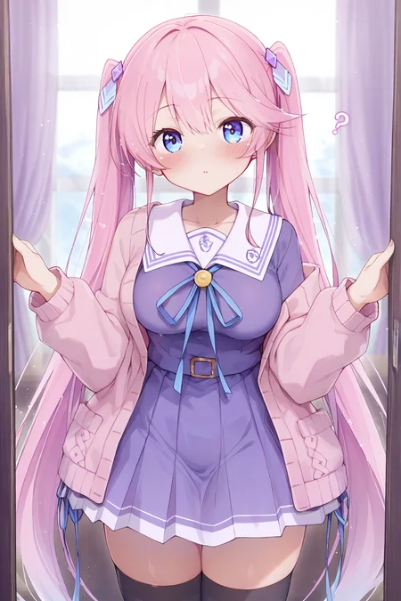 1girl,looking at viewer,facing viewer, front viewer, <lora:enotesv2:0.8>? <lora:OUKA SHIUNJI_illustrious:1> OUKA SHIUNJI,twintails,blush,collarbone,hair ornament,bangs,pink hair,blue eyes,medium breasts,long hair, dress,purple dress,zettai ryouiki,school uniform,long sleeves,jacket,cardigan,pink cardigan,blue ribbon,very long ribbon,purple serafuku,skirt,purple skirt, sailor collar,highhighs,black thighhighs,, breasts,digital illustration,1girl, masterpiece, best quality,highres,