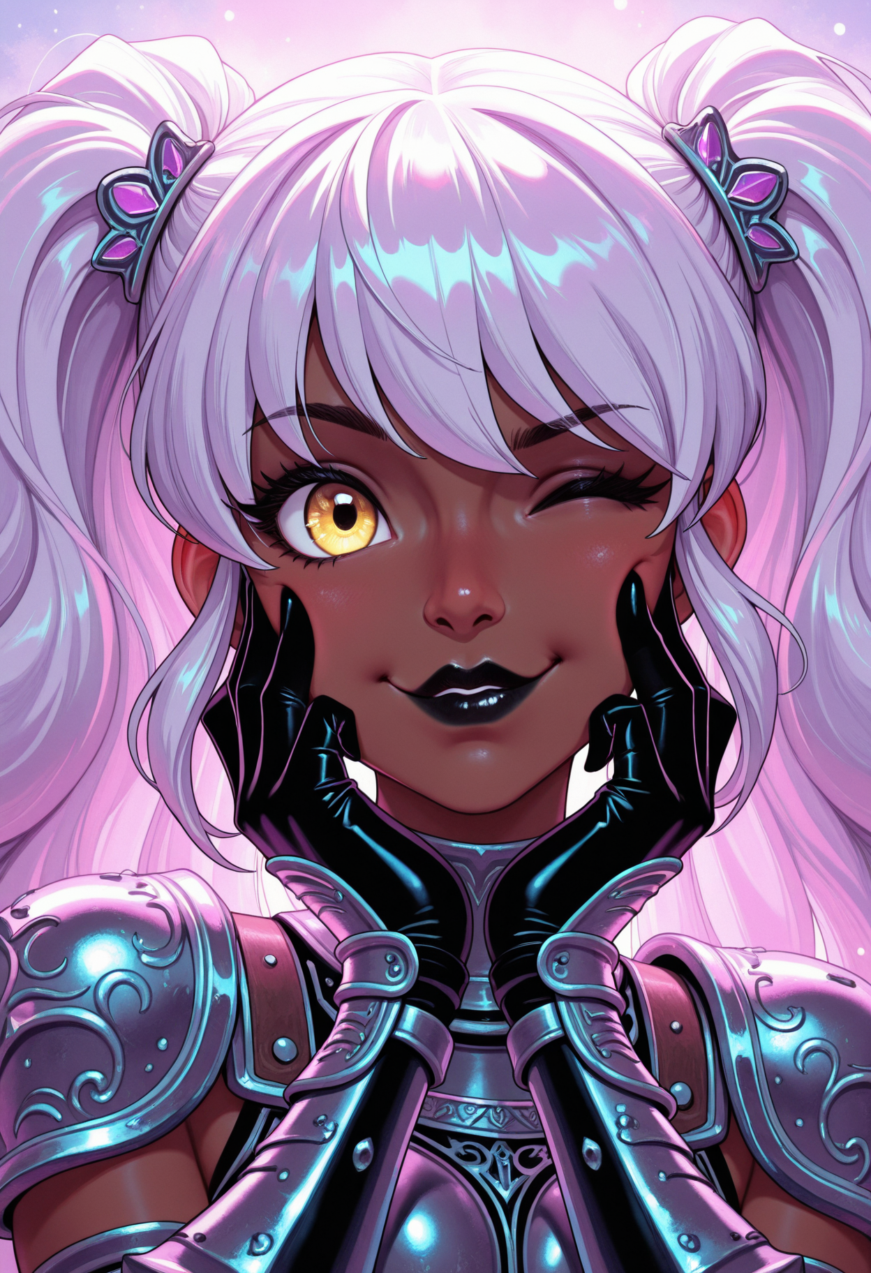 masterpiece, best quality, amazing quality, 1girl,, solo, ,,<lora:lavenderAndTeal_illustrious_byJaneB:1>, lavenderandteal,
dark elven girl, leather armour, portrait, hair accessories, body accessories, silver pierces, glossy black lips, yellow eyes, wink, touching cheek