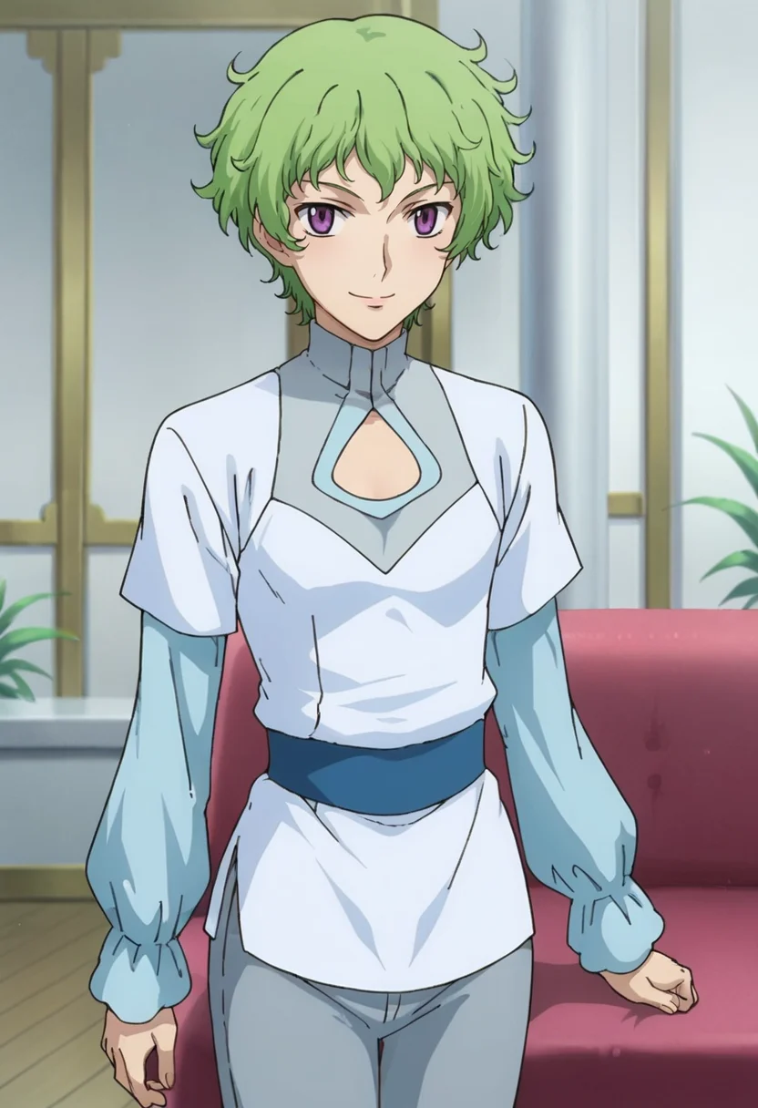 score_9,score_8_up,score_7_up,anime coloring BREAK source_anime,anime,<lora:Hiling_Care_Gundam_00_Pony:0.8>,hiling,1other,solo,green hair,short hair,purple eyes,white shirt,cleavage cutout,layered sleeves,blue pants,smile,posing,indoors,