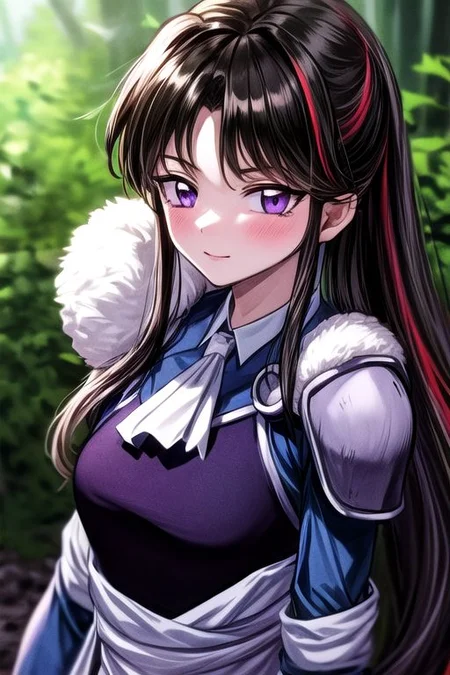 masterpiece, best quality 1girl Setsun4 solo long hair, (night time) forest background black hair very long hair purple eyes multicolored hair armor (fur trim) (medium body),<lora:EMS-179-EMS:0.800000>,<lora:EMS-293862-EMS:0.800000> bow, hair_bow, hair_tubes, red_bow, brown_hair, long_hair, bangs, ascot, frilled_bow, yellow_ascot, blush, smile, hair_between_eyes, athletic, armor, miko