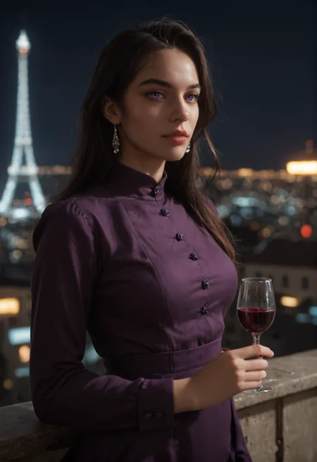 <lora:entj_v1:0.5> entj_v1, 1girl,
long hair,  black hair, hair behind ear,
purple eyes,
pale skin,
breasts, medium breasts,
 earrings,
purple dress ,long sleeves,
makeup,, score_9, score_8_up, score_7_up, score_6_up, derpibooru_p_95, 
detailed eyes, beautiful, detailed background, perfect eyes, 
solo, 
Psychedelic Color slide projected over a [dark Jungian psychological imagery], [key lighting],
blur censor, blurry, blurry background, blurry foreground, bokeh, motion blur,
chromatic aberration, depth of field, figure, focused,  focus
absurdres, amazing quality
photography, realistic sun light and shadows, photorealism, UHD --ar 9:16 --style raw --stylize 700,
rating_safe, cinematic, cinematic photo, close-up, portrait, orange rim lighting, atmospheric, bokeh, dynamic angle, vibrant lighting, dramatic shadows, highly detailed, realistic, high contrast, extremely detailed, photorealistic, professional, detailed skin, depth of field, film grain,, on the roof of a high building, with city paris and eiffel tower as background,, holding wine glass