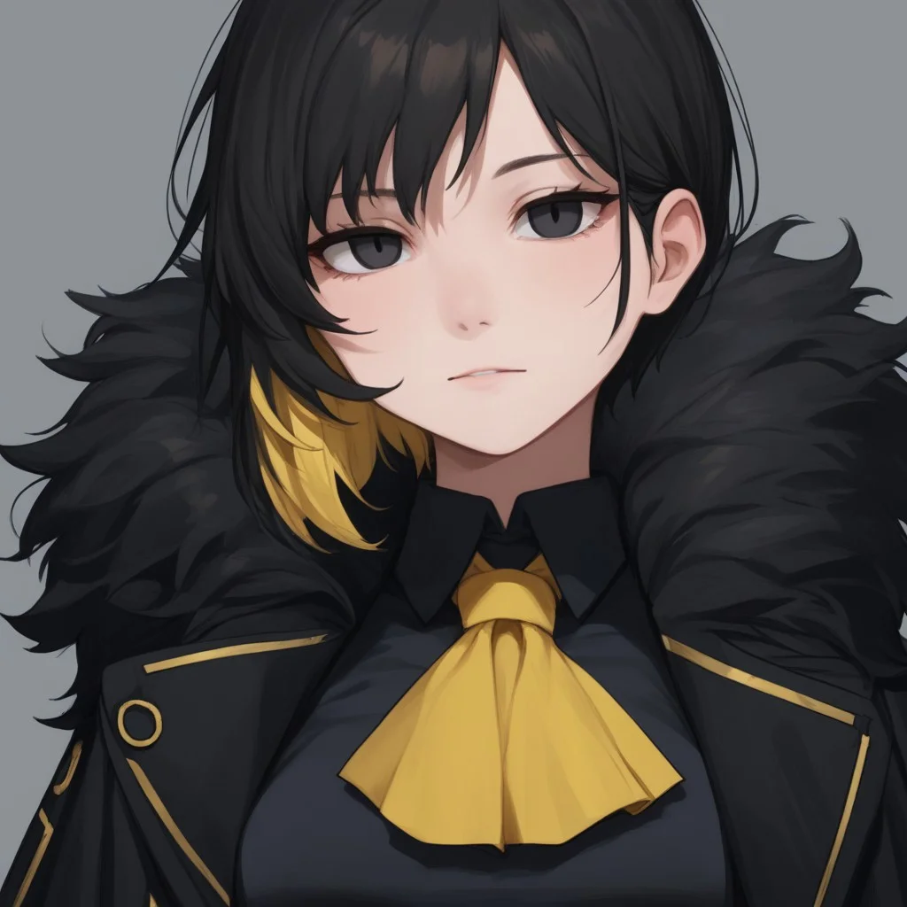 BREAK, 
(score_9, score_8_up, score_7_up, score_6_up, score_5_up, score_4_up), colored image, 
BREAK, 
BinahPM, multicolored hair, black hair, yellow hair, black eyes, short hair, BinahLOR, black dress, yellow ascot, black pants, black footwear, black coat, open coat, fur trim, medium breasts, EyesHD,
BREAK,
((solo, woman, one character)), close view, face view, beautiful eyes, plain black pupils
