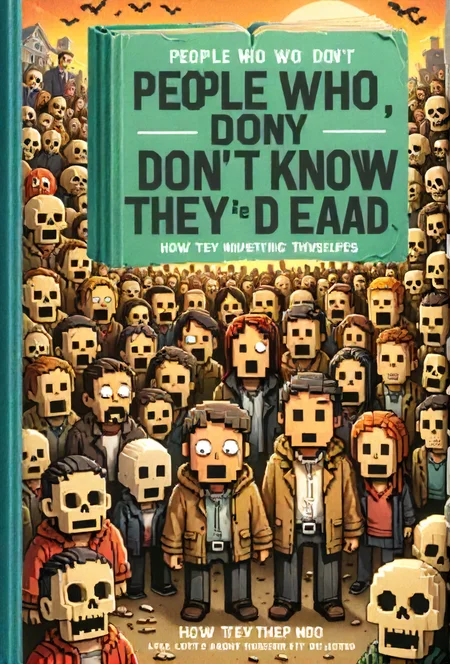 book cover title "People Who Don't Know They're Dead", How They Attach Themselves to Unsuspecting Bystanders and What to Do About it, <lora:cinexart:0.5>, <lora:wizards_vintage_romance:0.6>, <lora:Harrlogos_v1.1:0.8>, <lora:ral-vxl:0.8> ral-vxl   <lora:Willem van Aelst Style:0.8>