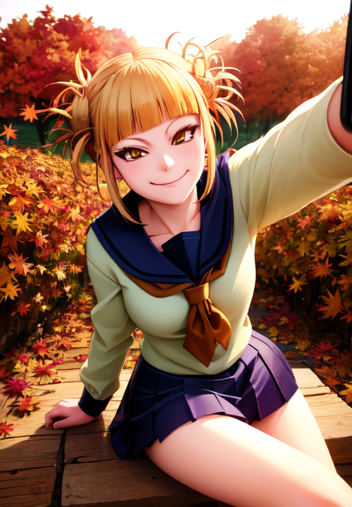 (selfie:1.3), photorealistic, <lora:himiko_toga:0.8>, himiko_toga, 1girl, solo, school uniform, sitting, smirk, playful colors, (autumn:1.3), dark lighting, (masterpiece, best quality, absurdres, detailed, ultra-detailed:1.3), (highly detailed, high quality:1.3)