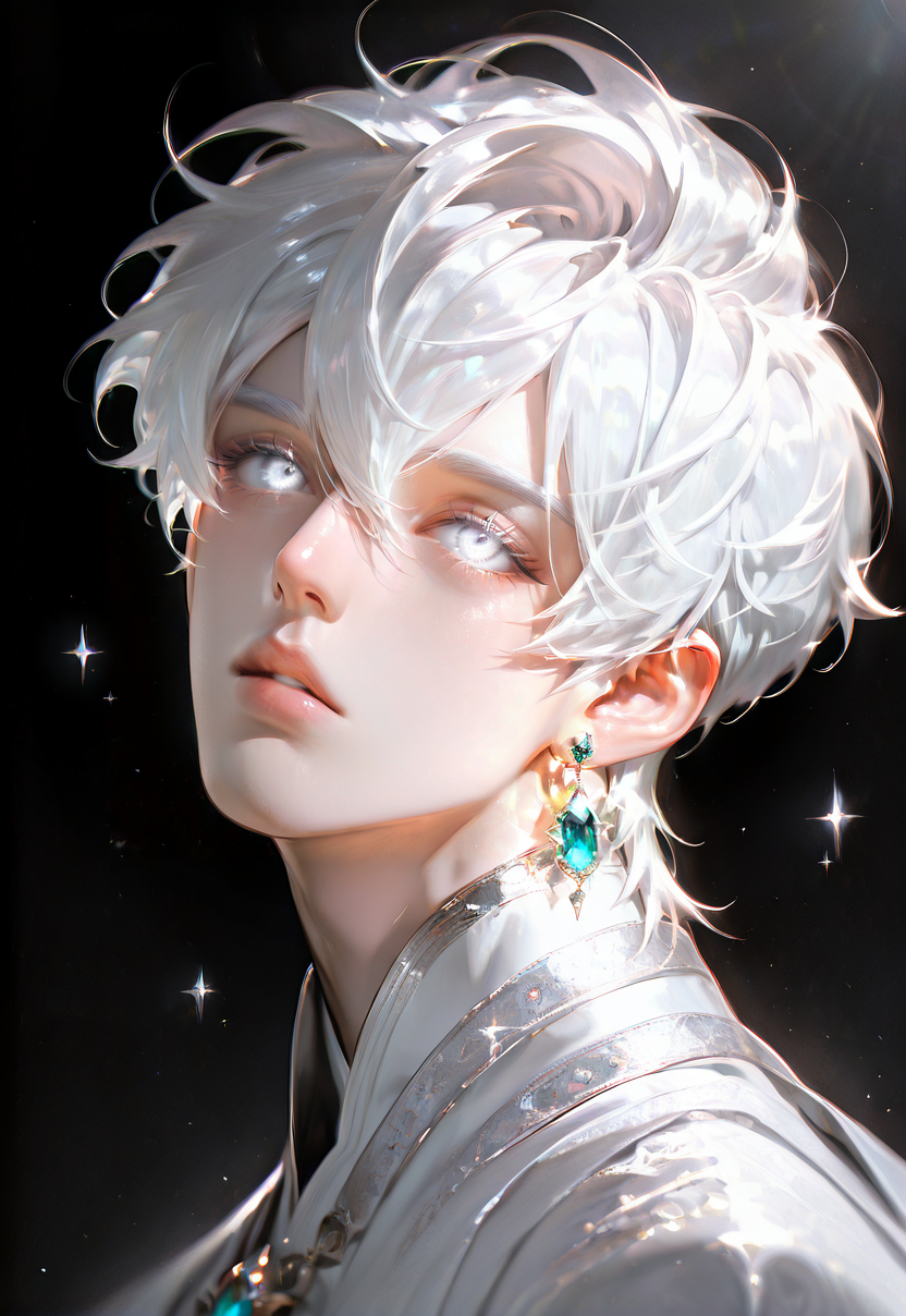 solo, black background, male focus, white hair, short hair, sparkle, 1boy, gem, simple background, parted lips, glint, jewelry, white eyes, portrait, upper body, eyelashes, earrings, lips, looking up, hair between eyes, chromatic aberration, looking at viewer
rom above,very awa,masterpiece,best quality,absurdres,newest,perfect quality,detailed background,intricate details,Visual impact,sharp focus,
details,hanme1,,,<lora:cfg_scale_boost (1):0.6>,<lora:hanface-000009:1>