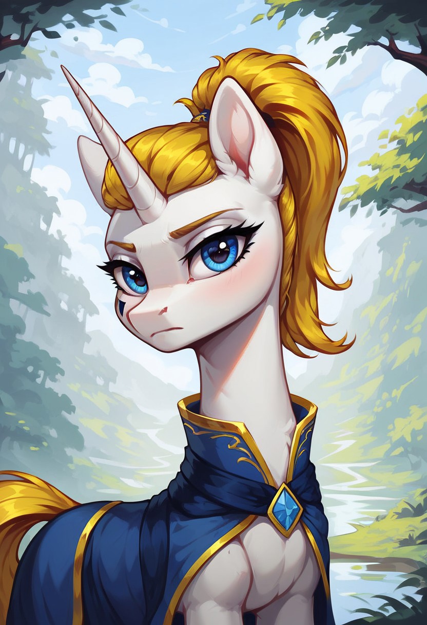 masterpiece, score_9, score_8_up, score_7_up, (best quality:1.1), ultra-detailed, high resolution, 1character, Honoria Goldmane, unicorn, pony, feral, mare, white skin, fluffy pony ears, horn, yellow mane, tail, ponytail, female, (((beautiful detailed blue eyes))), blue dress, (black triangles on one cheek), looking at you, frown, long eyelashes, (outside), (in the  forest), Long eyelashes, Highly Visible, (((8k))), sharp focus, perfect lighting, detailed outfit, anatomically correct, extremely detailed, shine on body, high detail, serious facial expression, Expressiveh, detailed background, OverallDetail, zPDXL2