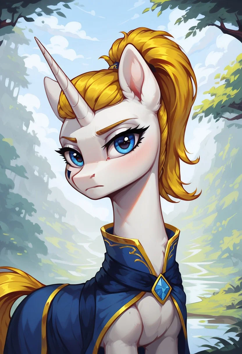 masterpiece, score_9, score_8_up, score_7_up, (best quality:1.1), ultra-detailed, high resolution, 1character, Honoria Goldmane, unicorn, pony, feral, mare, white skin, fluffy pony ears, horn, yellow mane, tail, ponytail, female, (((beautiful detailed blue eyes))), blue dress, (black triangles on one cheek), looking at you, frown, long eyelashes, (outside), (in the forest), Long eyelashes, Highly Visible, (((8k))), sharp focus, perfect lighting, detailed outfit, anatomically correct, extremely detailed, shine on body, high detail, serious facial expression, Expressiveh, detailed background, OverallDetail, zPDXL2