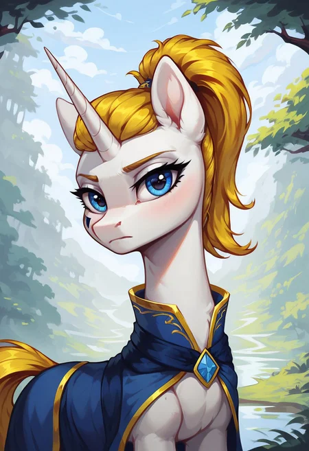 masterpiece, score_9, score_8_up, score_7_up, (best quality:1.1), ultra-detailed, high resolution, 1character, Honoria Goldmane, unicorn, pony, feral, mare, white skin, fluffy pony ears, horn, yellow mane, tail, ponytail, female, (((beautiful detailed blue eyes))), blue dress, (black triangles on one cheek), looking at you, frown, long eyelashes, (outside), (in the forest), Long eyelashes, Highly Visible, (((8k))), sharp focus, perfect lighting, detailed outfit, anatomically correct, extremely detailed, shine on body, high detail, serious facial expression, Expressiveh, detailed background, OverallDetail, zPDXL2