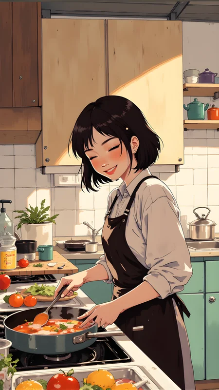 Warm and inviting illustration of a person cooking in a kitchen. The individual has short, dark hair that frames their face, adding to the overall sense of movement and texture. They are wearing a light-colored shirt with an apron, which suggests that they are actively engaged in preparing a meal.
The person is smiling, with their eyes closed, suggesting a moment of joy and contentment. Their expression is friendly and approachable, creating a sense of warmth and connection with the viewer. They are holding a spoon and appear to be stirring something in a pot on the stove, indicating that they are in the process of cooking.
The background features various kitchen items, such as pots, pans, and utensils, which add to the overall sense of realism and detail. The lighting in the image is soft and natural, highlighting the texture of the person's clothing and the details of the kitchen.
Overall, this illustration captures a moment of quiet beauty and everyday life, with the combination of the person's attire, the soft lighting, and the detailed rendering creating a visually engaging and emotionally resonant scene. The use of color and composition adds depth and character to the artwork, making it a powerful and evocative piece.
j_art, anime, anime art, <lora:FLUX\jul\J_Anime:1.0>, <lora:FLUX\Anime Art V3:0.1>, <lora:FLUX\RM_Artistify_v1.0M:0.1>, <lora:FLUX\RetroAnimeS1.1:0.1>