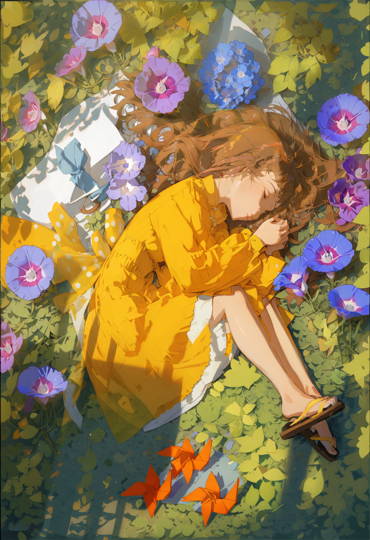 masterpiece, best quality, <lora:REDUMXLANI31lokrV53P1-000121:0.95>  1girl, flower, purple flower, solo, long hair, brown hair, dress, yellow dress, closed eyes, long sleeves, leaf, dappled sunlight, on side, lying, from above, blue flower, sandals, shadow, plant, outdoors, origami