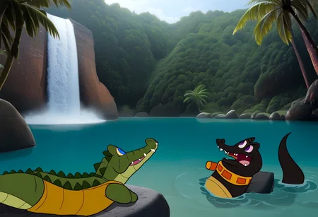 Tick tock crocodile,male animal focus,tail, crocodile open large mouth ,green skin, blue eyes, Tick Tock the crocodile is giant and very huge size,teeth, swimming in water,partially submerged,Tick Tock the crocodile looking at a Patrak from pacman who she is sitting on rock cliff. Reinforcement Tags: forehead mark, egyptian, tail, animal ears, purple eyes, black fur, furry, furry female, body fur, makeup, animal nose, black skin
For her Outfit : toeless legwear, yellow legwear, thighhighs, vambraces, belt, orange belt, multicolored belt, short dress, yellow dress, jewelry, earrings,open mouth,river,palm trees, jungle,temple, waterfall