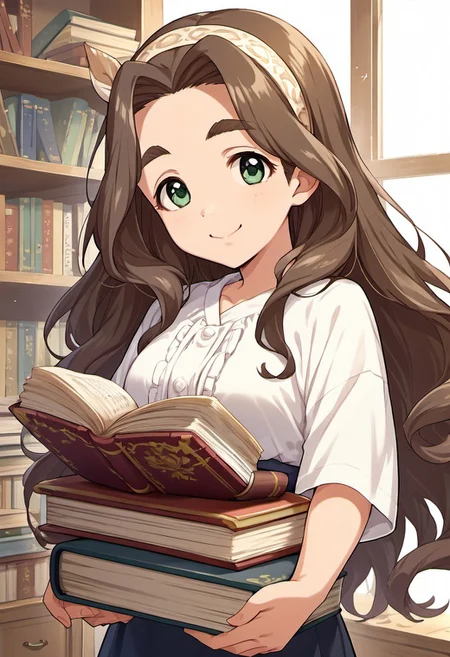 score_9, score_8_up, score_7_up, source_anime, kusakabe wakaba, long hair, brown hair, green eyes, 1girl, book, solo, book stack, smile, holding, hairband, looking at viewer, thick eyebrows