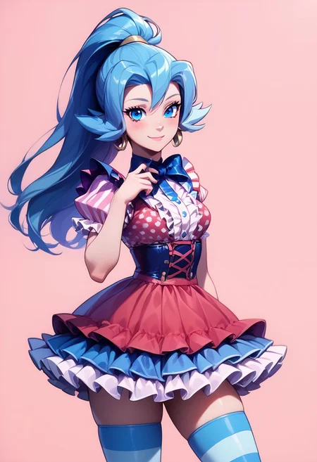 score_9, score_8_up, score_8, medium breasts, (curvy), cute, eyelashes,
BREAK,
zzClair, solo, 1girl, long hair, blue hair, blue eyes, ponytail,
BREAK,
closed mouth, alternate costume, smile, nail polish, looking at viewer, hand up, blush,
zzLFashion, frilled dress, frills, bow, dress, striped thighhighs, sweetL,
zPDXL,