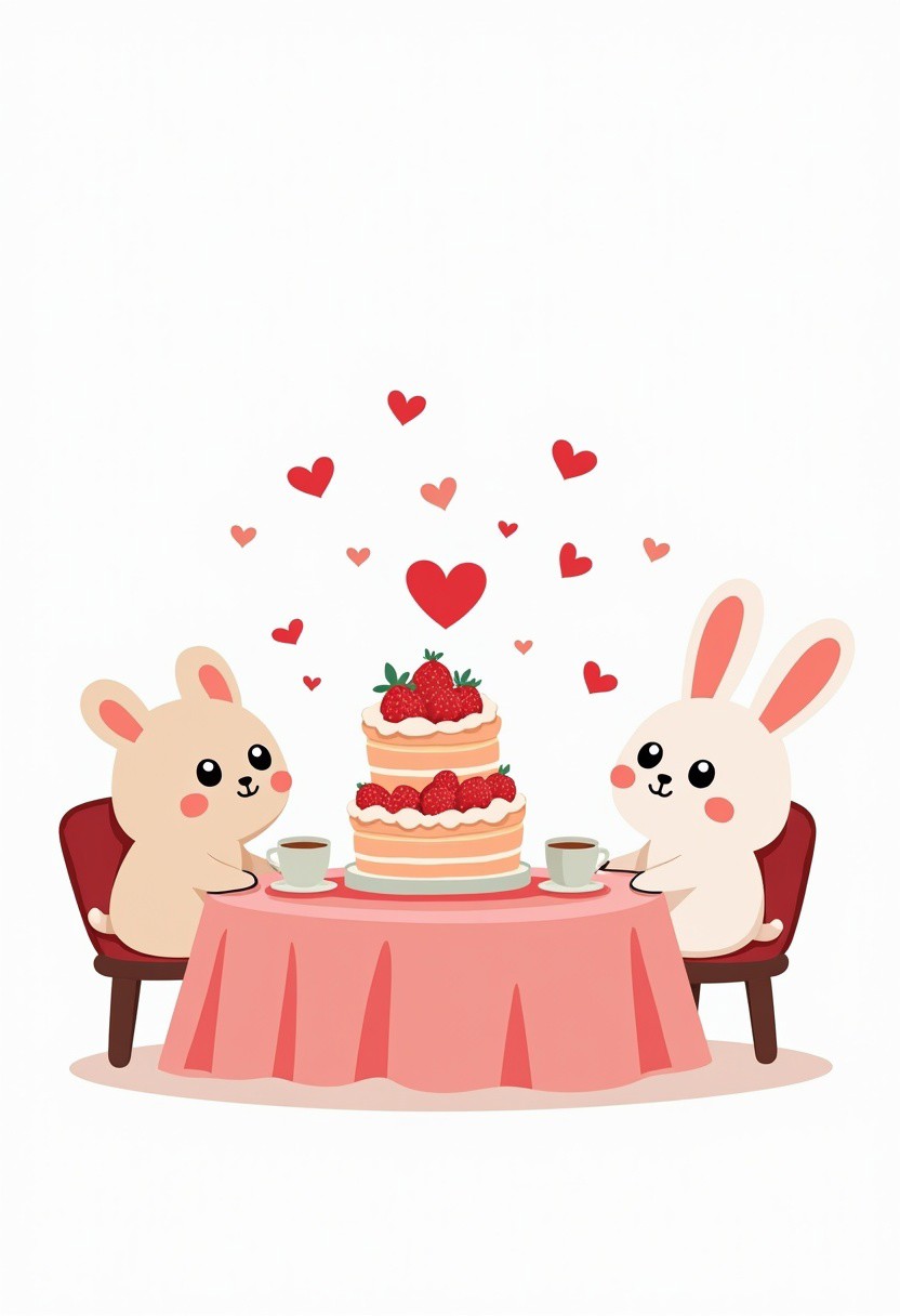 Create a clipart of a cute kawaii tea party scene for Valentine's Day. The colors should be muted shades of pink, red, and white. The image should depict cute kawaii animals seated around a round table. In the middle of the table is a tall tiered cake with strawberries. The theme is Valentine's Day cute animal bakery. Image should be on a white background with no text. Use solid colors and simple, bold lines.