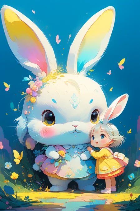 concept art A huge cute colorful rabbit with a little girl standing in front of it,digital art,in the style of anime aesthetic,pastel toned,animated gifs,yellow and blue,playfully intricate,Prateep Kochabua.,<lora:xl_more_art-full_v1:1>,(((masterpiece))),(((best quality))),((ultra-detailed)) . digital artwork,illustrative,painterly,matte painting,highly detailed,, (((masterpiece))),(((best quality))),((ultra-detailed))