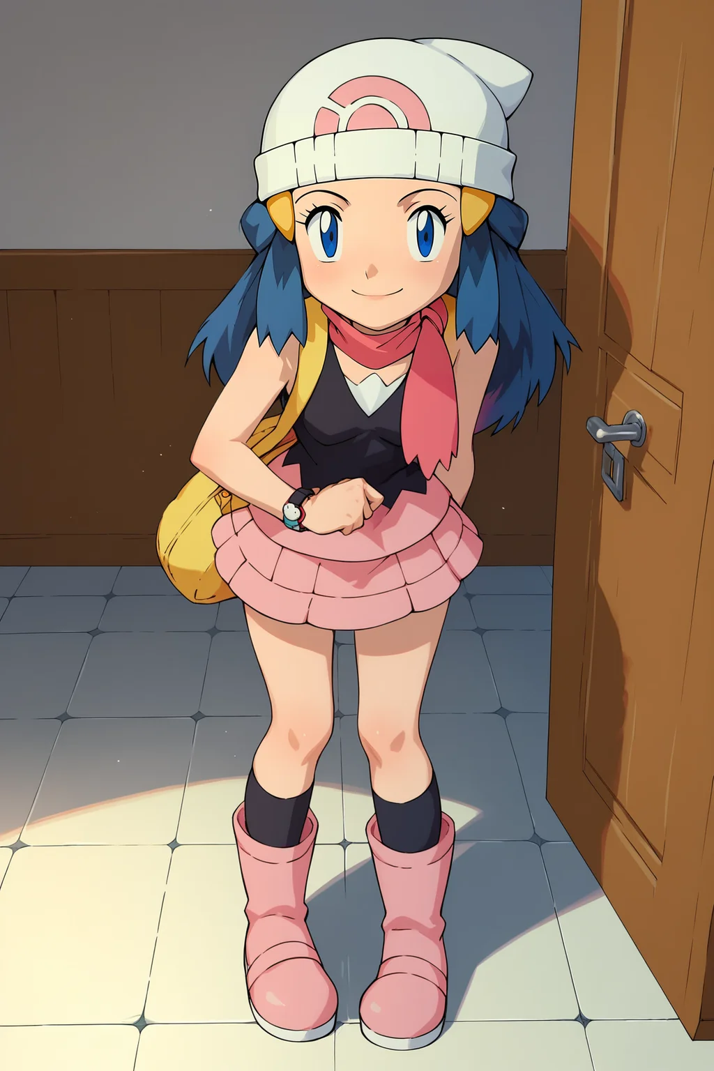 score_9, score_8_up, score_7_up, score_6_up, BREAK, DawnPXL, blue eyes, blue hair, long hair, ornament hair, white beanie, small breasts, pink scarf, yellow bag, sleeveless, black shirt, pink skirt, black socks, pink boots, solo, full body, standing, seductive smile, looking at viewer, indoors <lora:DawnPXL:1>