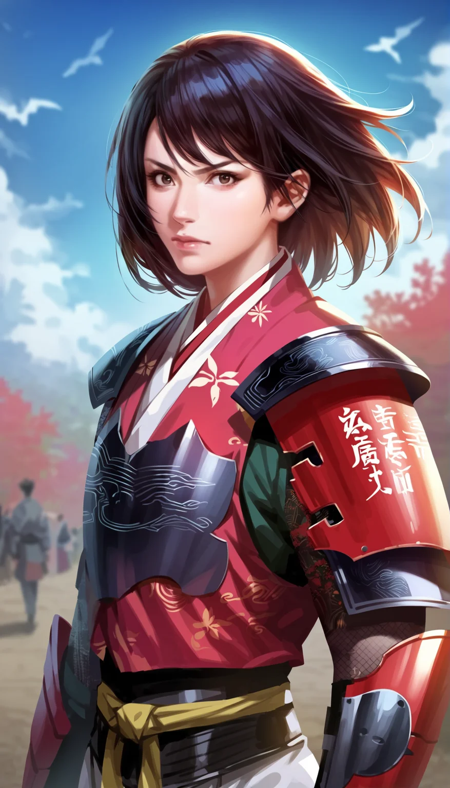 score_9,score_8_up,score_7_up,
highly detailed,highres,<lora:naotoraIi:0.8>,naotora ii,
1girl,solo,
black hair,short hair,bangs,brown eyes,looking at viewer,serious face,japanese armor,japanese shoulder armor,layered red and white fabric,intricate patterns,
upper body,
outdoors,sky,simple background,blurry background,