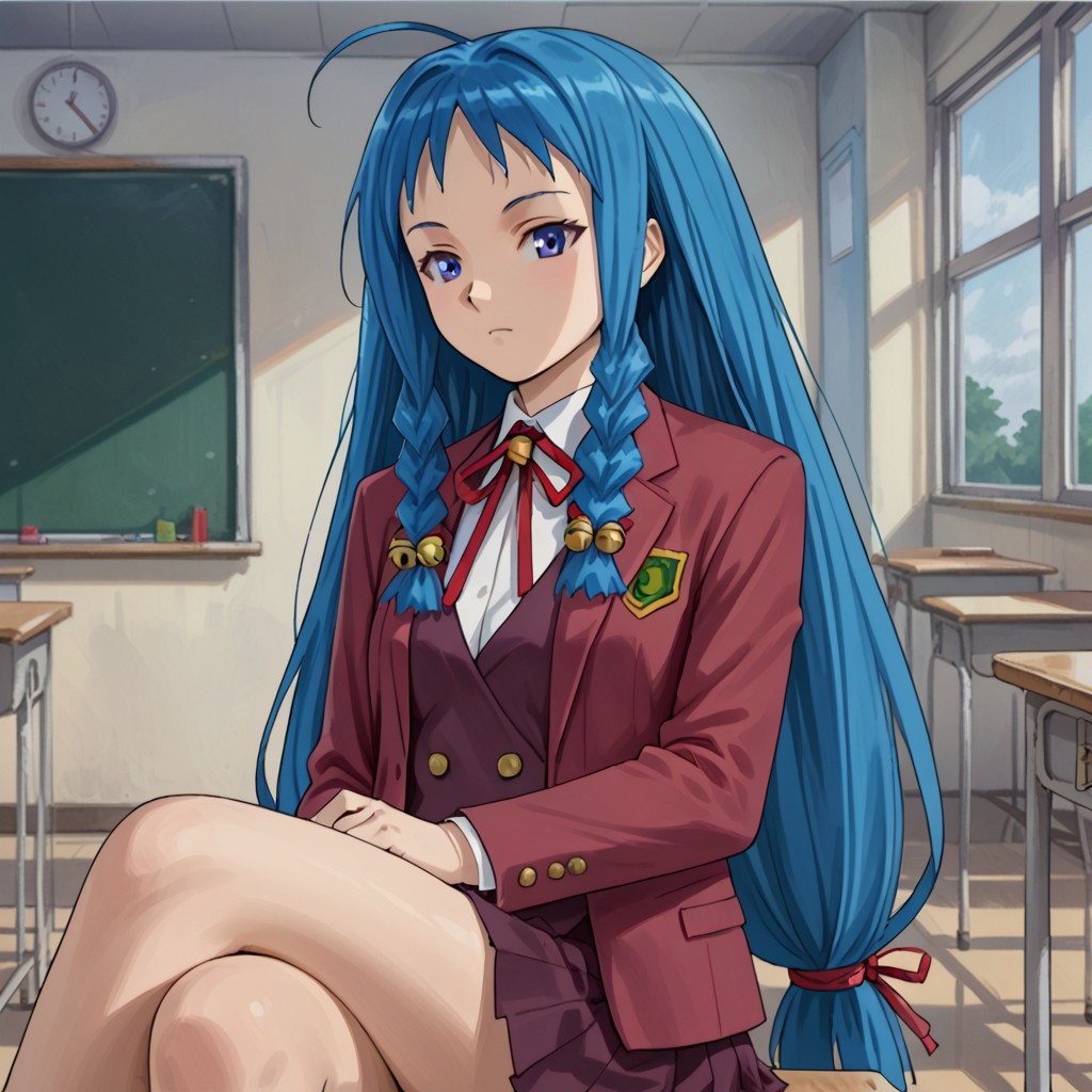 score_9, score_8, score_7, break, solo, ayase_y, 1girl, long hair, blue hair, ahoge, twin braids, hair bell, blue eyes, school uniform, medium breasts, jacket, skirt, sitting, classroom, crossed legs