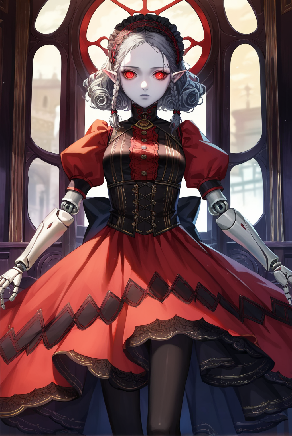 score_9, score_8_up, score_7_up, rating_questionable, source_anime, uncensored
BREAK
official art, volumetric lightning,detailed skin texture,detailed,volumetric shadow, detailed eyes, detailed face, raytracing, highly detailed, anime style, absurd, masterpiece, perfecteyes, Perfect Hands
BREAK
1girl, solo, agratsmtvv, curly hair, grey hair, twin braids, colored skin, grey skin, red eyes, pointy ears, doll joints, red lace trim top, black corset belt, red layered skirt, black pantyhose, black frilly headband, gothic room,