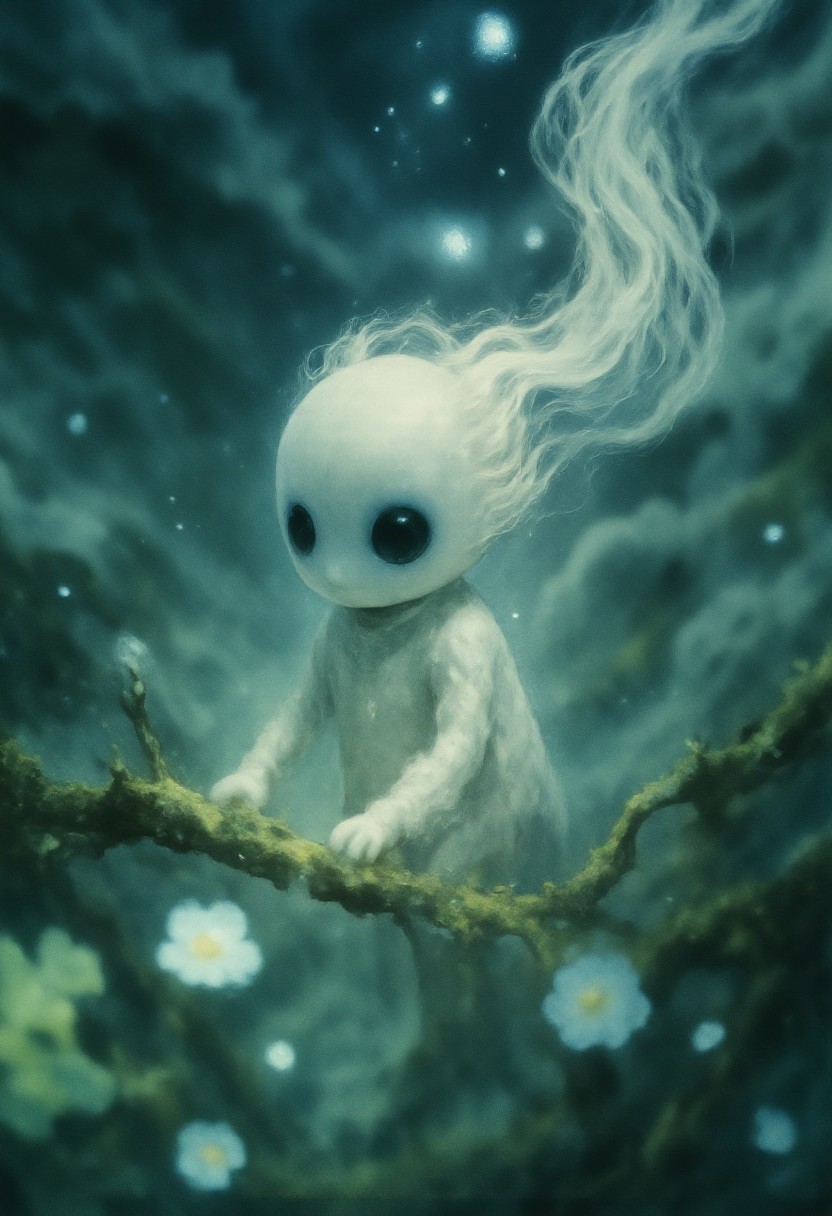 Studio Ghibli Dark Fairytale, moody ethdysty, fantastical, ethereal aesthetic. The image is a high-resolution macro photograph of a small, Ghibli-inspired Kodama forest spirit, showcasing intricate details of its tiny, otherworldly body. The Kodama has a smooth, desaturated white surface with faint, faded markings that give it an aged, ghost-like appearance. Its large, hollow black eyes are glossy and reflective, hinting at a silent wisdom. The delicate limbs and subtle textures, almost translucent, catch the ambient light in a soft glow. Fine, mist-like particles drift around it, adding to its eerie, serene presence. Cracks and tiny mossy growths adorn parts of its body, as if it's partially formed from the forest itself. The background is blurred, filled with diffused forest light and glowing spores, creating a dreamlike depth that makes the Kodama appear to hover silently in a realm between life and spirit.