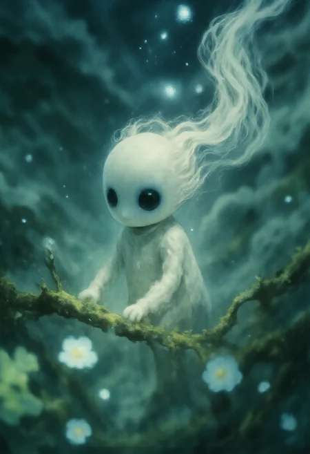 Studio Ghibli Dark Fairytale, moody ethdysty, fantastical, ethereal aesthetic. The image is a high-resolution macro photograph of a small, Ghibli-inspired Kodama forest spirit, showcasing intricate details of its tiny, otherworldly body. The Kodama has a smooth, desaturated white surface with faint, faded markings that give it an aged, ghost-like appearance. Its large, hollow black eyes are glossy and reflective, hinting at a silent wisdom. The delicate limbs and subtle textures, almost translucent, catch the ambient light in a soft glow. Fine, mist-like particles drift around it, adding to its eerie, serene presence. Cracks and tiny mossy growths adorn parts of its body, as if it's partially formed from the forest itself. The background is blurred, filled with diffused forest light and glowing spores, creating a dreamlike depth that makes the Kodama appear to hover silently in a realm between life and spirit.