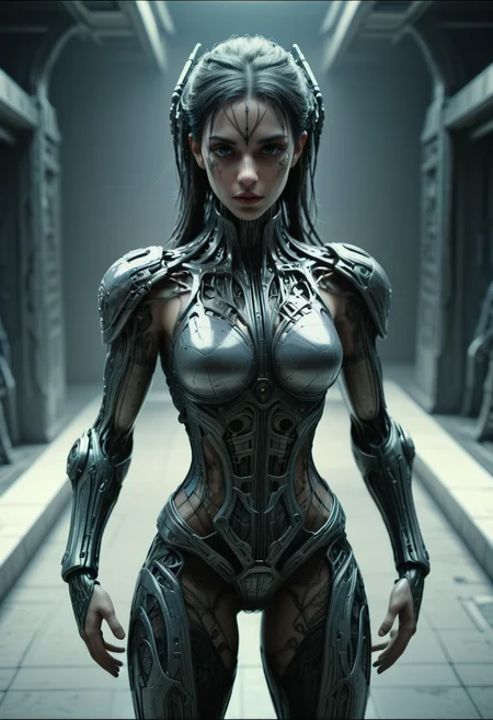 positiv Clip L:     stained, highly detailed, found footage, biomechanical female cyberpunk cybernetics, human-machine fusion, dystopian, organic meets artificial, dark, intricate,  raw photo, (realistic:1.5), (half-length portrait:0.85), ([german:italian:0.76] girl 25-years-old:1.5), (normal weight, normal weight body:0.86), (the over-the-shoulder look:1.5), (shullet hairstyle:1.25), (skin details, skin texture:0.36), (skin pores:0.36), (iris details:1.0), (circular iris:1.0), (circular pupil:1.0), (facial asymmetry, face asymmetry:1.09) positiv Clip G:     stained, highly detailed, found footage, biomechanical female cyberpunk cybernetics, human-machine fusion, dystopian, organic meets artificial, dark, intricate,