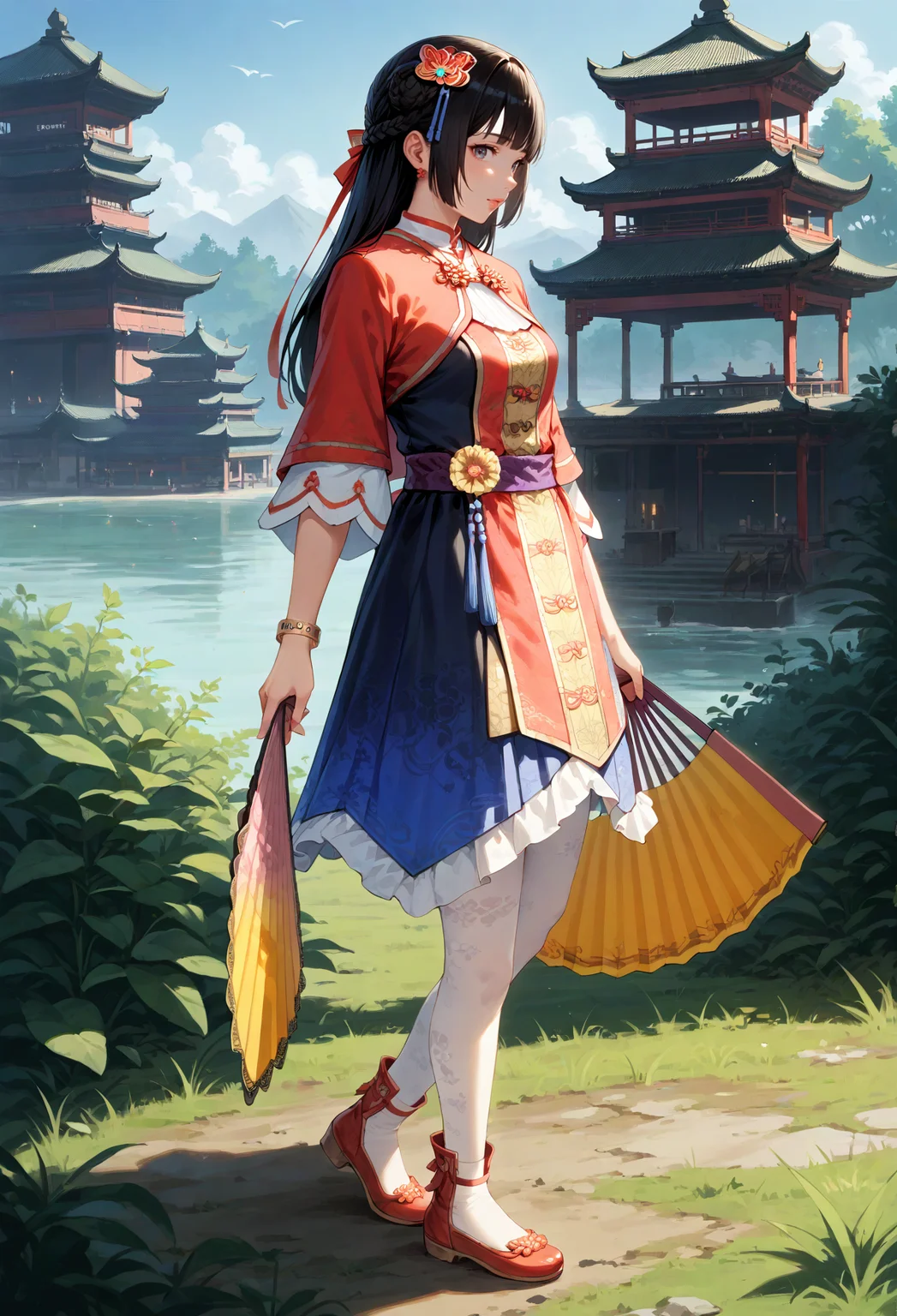 score_9, score_8_up, score_7_up, source_anime, masterpiece, She stands with her back to the camera, looking over her shoulder., <lora:Daqiao_Dynasty_Warriors:0.8> 1girl, solo, black hair, long hair, braid, hair ornament, chinese clothes, jewelry, bracelet, skirt, white pantyhose, red footwear, holding hand fan, outdoors, looking at viewer