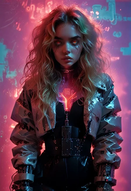 score_7_up, (score_9:1.1), (ugly:0.9),(pretty:1.4),1woman, adult, realistic, realism, hyper realistic, sparkling hair, floaty hair, wavy hair, (soft light coloured hair:1.3), (red iris, glowing iris, neon white pupils:1.3), looking at viewer, big hair, huge afro, zero gravity hair, detailed, perfect, perfection, hands, big scar across face,
BREAK,
((extra_puffy_jacket, black skirt, glossy lips, shiny skin)), full lips, hands behind back, (upper body:1.9), blocky shape cybernetics, cybernetics, cybernetic skin, raised eyebrow, pale skin, ((snub nose:1.4)), breasts, (prominent abs:1.1), focus upper body, sweating,
BREAK,
(neon background, future slums, neon, cybernetic background, mist:1.3),(cybernetic mechanical arm, prosthesis:1.3),