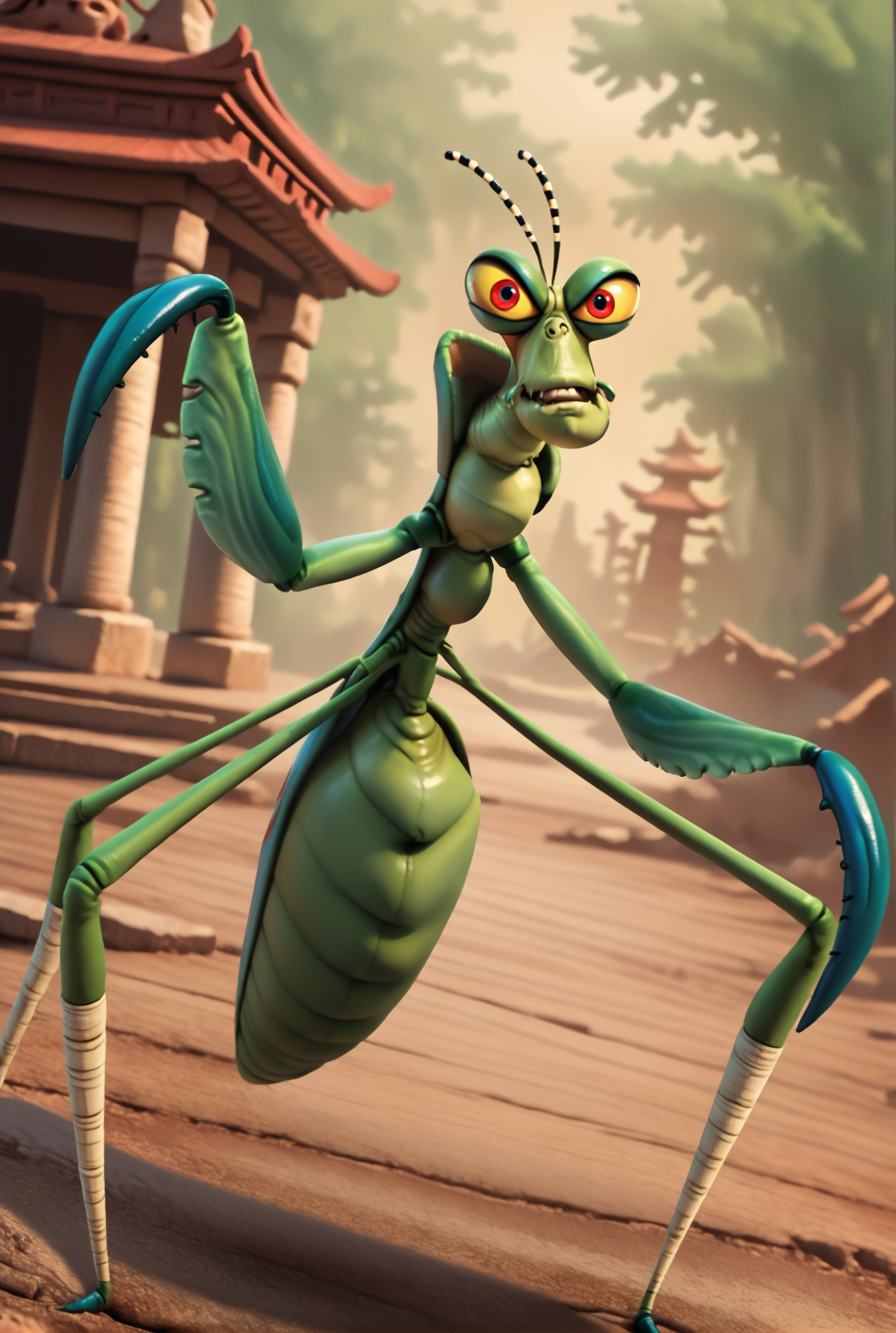 score_9, score_8_up, score_8,
<lora:Master_Mantis_Kung_Fu_Panda_for_PonyXL:0.8> 1boy, mantis, m4st3rm4nt15, insect, solo, antennae, colored sclera, red eyes, bug
parody, source_cartoon,
outdoors, temple, fighting pose,