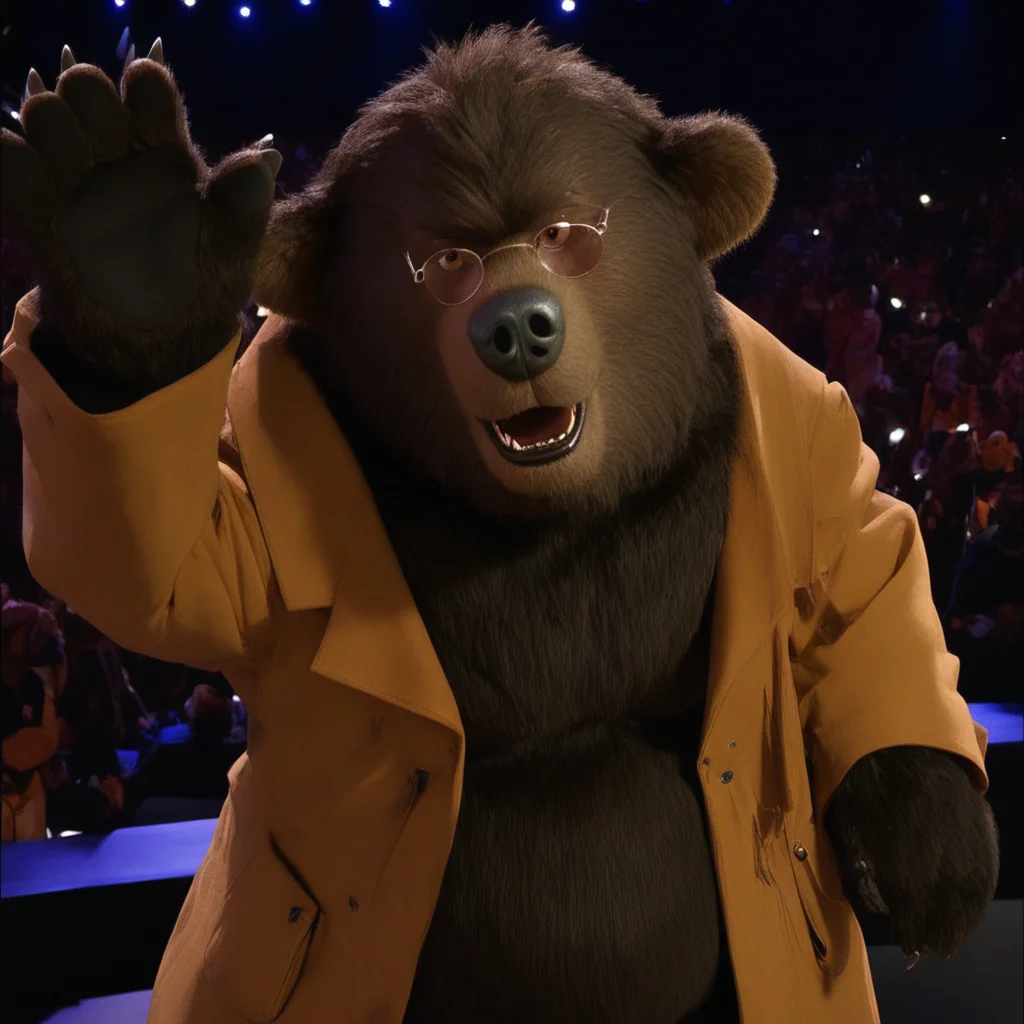 ted bedderhead, big bear, tall, dark brown fur, belly, standing tall, glasses, black nose, wearing coat, waving to viewer, in a concert hall, mountains in background