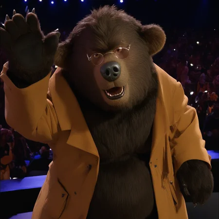 ted bedderhead, big bear, tall, dark brown fur, belly, standing tall, glasses, black nose, wearing coat, waving to viewer, in a concert hall, mountains in background