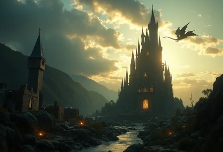 In a dimly lit, atmospheric scene a stunningly beautifully crafted majestic castle stands tall and mighty against the backdrop of a sunny clear day. The castle is surrounded by villages and streams,  A dragon flies overhead in the sky. The image is rendered in muted, desaturated colors with a warm color grade, evoking a sense of nostalgia and foreboding. A subtle film grain and slight vignetting add to the overall sense of unease and mystique. hkmagic