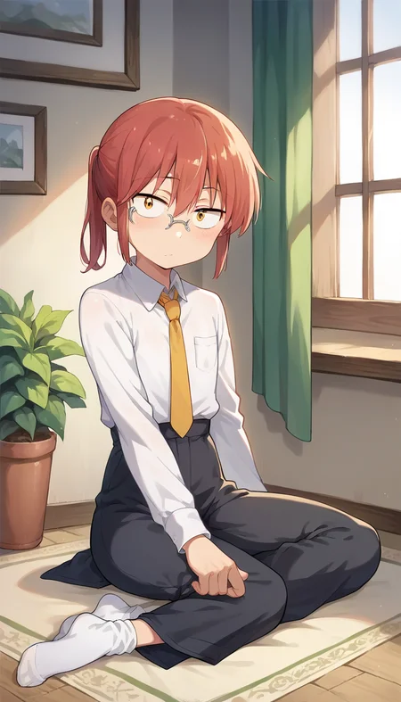 score_9, score_8_up, score_7_up, source_anime, masterpiece, 1girl, ctiankobayashi, flat chest, sitting, dress shirt, black pants, socks, yellow necktie, indoors, looking at viewer, <lora:kobayashiPONYct:0.8>