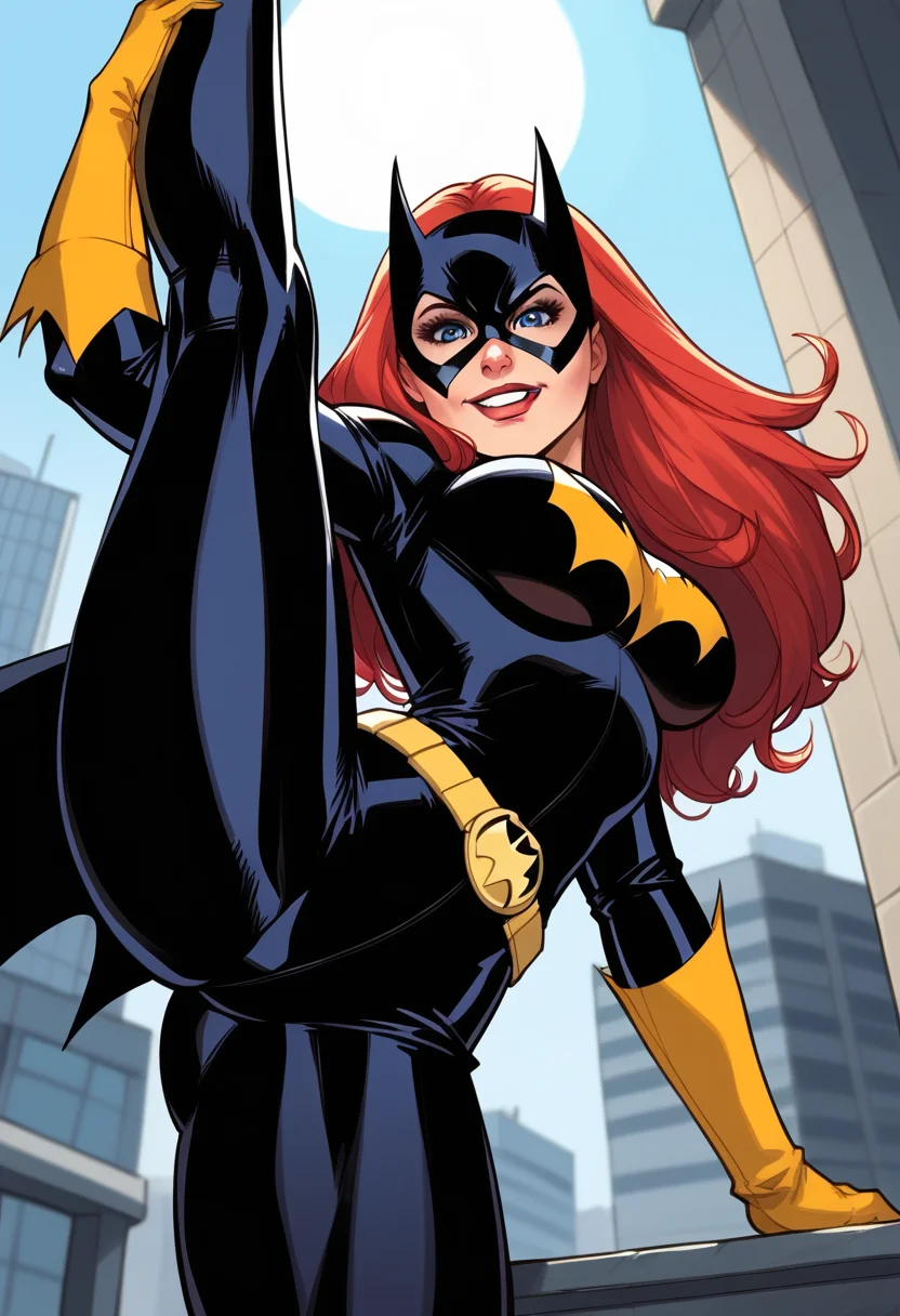 score_9, score_8_up, score_7_up, score_6_up, masterpiece, best quality, <lora:Expressive_H:1><lora:PopLine-000009:1> | 1girl, solo, barbara gordon, batman the animated series style, batgirl mask, gloves, red hair, long hair, temptress, Big breasts,, high heels, stomach, bodysuit, yellow belt, low angle view, standing split, face, face detailed, bitting lip, horny, Expressiveh