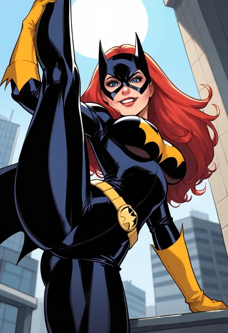 score_9, score_8_up, score_7_up, score_6_up, masterpiece, best quality, <lora:Expressive_H:1><lora:PopLine-000009:1> | 1girl, solo, barbara gordon, batman the animated series style, batgirl mask, gloves, red hair, long hair, temptress, Big breasts,, high heels, stomach, bodysuit, yellow belt, low angle view, standing split, face, face detailed, bitting lip, horny, Expressiveh