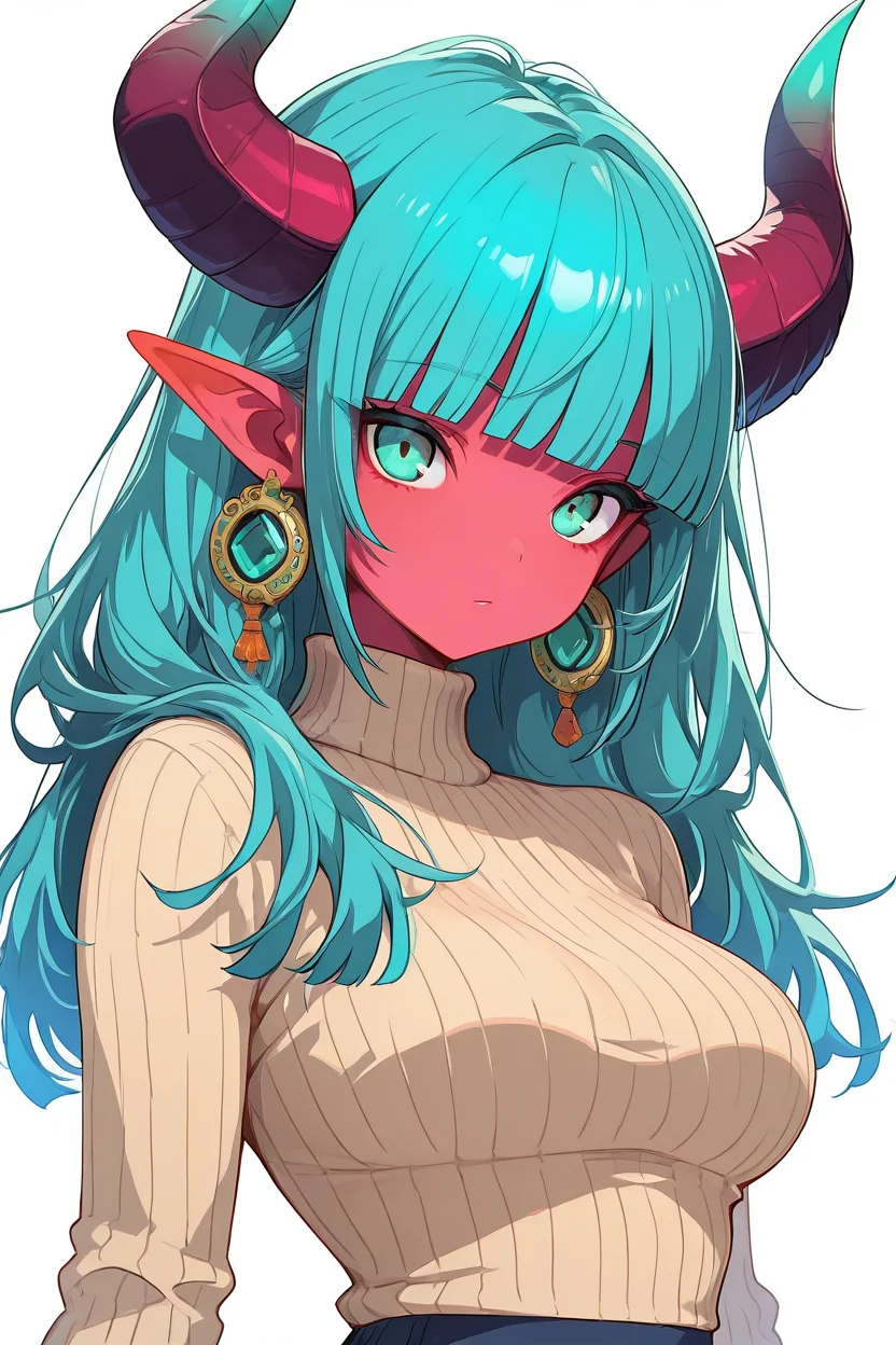 masterpiece, best quality,   <lora:Style55IXL_v5:1.0>, 1girl, solo, long hair, breasts, looking at viewer, bangs, simple background, white background, jewelry, medium breasts, green eyes, blue hair, upper body, earrings, horns, pointy ears, blunt bangs, aqua eyes, sweater, aqua hair, colored skin, turtleneck, demon girl, demon horns, red skin