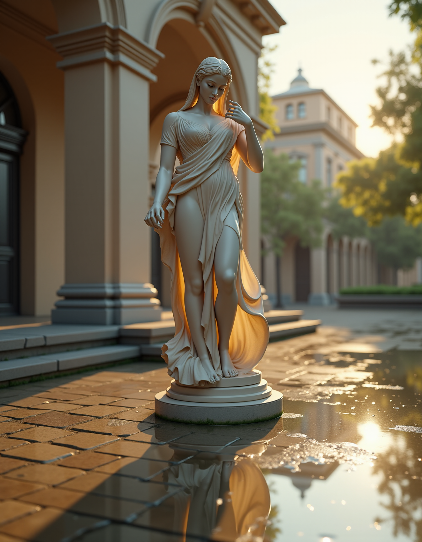 Beautiful architectural antique sculpture after the rain, the weather is sunny, the reflection of the sculpture is visible in the reflection of puddles, ray traced, 8k, beautiful shadows, detailed textures, detailed scene, ultra detailed, best quality, hyperdetailed image, realistic skin texture, photorealistic image <lora:add-detail-xl:1> <lora:Flux-style-xl-lora:1>  <lora:ElvenInterior:1> <lora:xl_more_art-full_v1:1> <lora:extremely_detailed:1>