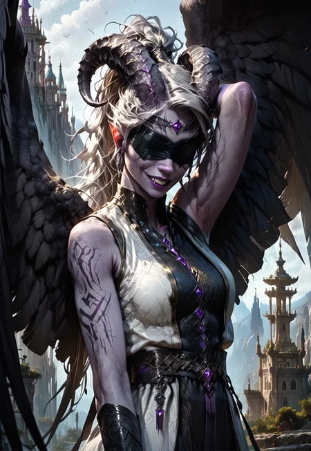 (absurdres, best quality, masterpiece:1.4),
score_9, score_8_up, score_7_up, score_6_up,
detailed,
detailed body,
detailed face,
fantasy,
alone,
female,
tiefling,
h0rns,
ram horns,
black horns,
tall,
((((purple skin)))),
((long grey hair, ponytail)),
(((wingsd, black wings))),
one arm above head,
soft smile,
(white robe, sleeveless,
blindfold, black cloth blindfold),
depth of field,
outdoors,
mountain temple,
upper body
