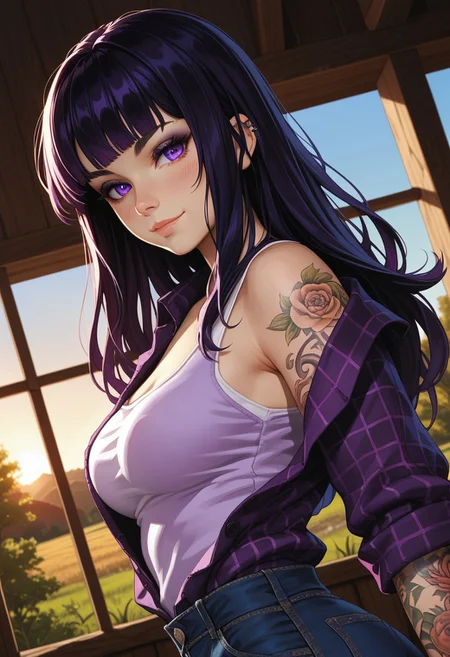 (score_9, score_8_up, score_7_up), 
(dutch angle, upper body:1.4),
1girl, solo, black hair, detailed eyes, purple eyes, long hair,  straight bangs, medium breasts, (goth, wide hips:1.1),  eyeshadow, jeans,  hime cut, (rolled up sleeves:1.2), sunset, BREAK,
(tattoo, tattooed arm, flannel shirt, unbuttoned, purple shirt, ass, white tanktop:1.2), nature, indoors, farm, blush, wind, windy hair, (face focus:1.3), smug, looking at viewer,