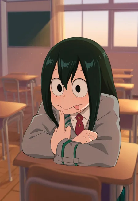 masterpiece, best quality, amazing quality, very aesthetic, high resolution, ultra-detailed, absurdres, newest, scenery,
asui_tsuyu_mha_illust, tongue, green hair, school girl uniform, classroom
BREAK, detailed background, detailed hair, depth of field