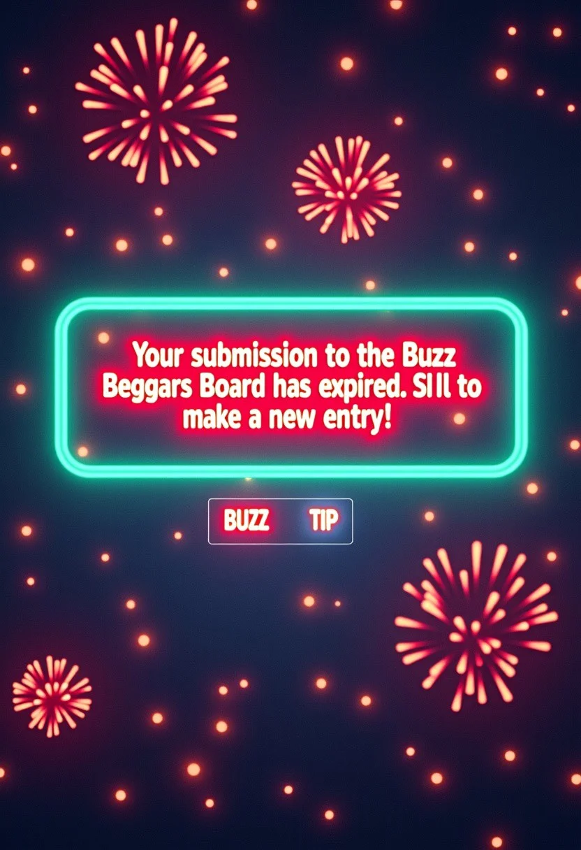 Test error message on Windows saying "Your submission to the Buzz Beggars Board has expired. Time to make a new entry!" with options "BUZZ" and "TIP" available for selection. Neon green border. Fireworks, sparks, sparkles, glitter, vapourwave aesthetic