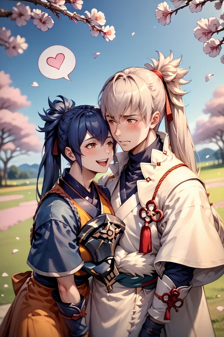 score_9, score_8_up, score_7_up, score_6_up, source_anime, man and woman, couple, cherry blossoms, field, blue sky BREAK 1girl, <lora:feoboro-pdxl-nvwls-v1-000007:1> feobo, dark blue hair, ponytail, orange dress, blue sleeves, short sleeves, japanese armor, happy, open mouth, spoken heart BREAK <lora:TakumiFE-pdxl-bsinky-v1:1> defTakumi, ponytail, long hair, gloves, fur trim, blush, wavy mouth