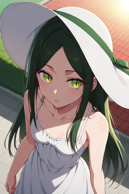 score_9, score_8_up, score_7_up, source_anime, 1girl, prefect lighting, very aesthetic, intricate details, highly detailed background, masterpiece, high quality, prefect hands, best quality, solo,
<lora:Frill_Shiranui_Oshi_no_ko_V1:.85>, KJOfrill, green hair, green eyes, slit pupils, mole under eye, mole under eye, long hair, parted bangs,
sundress, bare shoulders, sun hat,
from above, blush, expressionless, parted lips, head tilt, standing,
cowboy shot, dutch angle,
rooftop, morning,
(Beautiful, small Breasts:1.2), natural breasts,