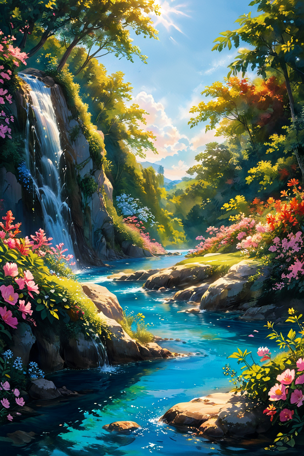 A stunning summer vista where a majestic waterfall cascades down into a sparkling blue pool surrounded by lush greenery and vibrant flowers. The sky is a brilliant blue with a few scattered clouds, and the sunlight dances on the water, creating a magical effect. The scene is serene and filled with the sounds of nature, evoking a sense of wonder and peace. native, original nature.
<lora:add-detail-xl:1.0>,
<lora:EnvyBetterHiresFixXL01:1.0>,
<lora:extremely_detailed:1.0>, extremely detailed,
<lora:EldritchMixIllustration_1.1:0.5>,
<lora:Summer_scenery:1.0>,
<lora:zavy-cntrst-sdxl:0.5> dark, chiaroscuro, low-key,
<lora:Painted World:0.8> painted world, colorful splashes