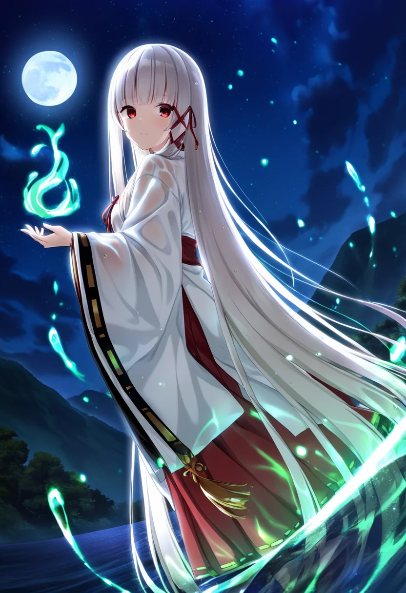 masterpiece,best quality,amazing quality,absurdres,aesthetic,newest,
kagome \(haison\), 1girl, solo, 
wading, hand up, looking back at viewer, 
red eyes, closed mouth, 
white hair, absurdly long hair, straight hair, blunt bangs, sidelocks, wet hair, submerged hair, 
x hair ornament, white miko outfit, flower knot, ribbon-trimmed sleeves, long sleeves, wide sleeves, sleeves past wrists, red tassel, red obi, red hakama skirt, ribbon-trimmed skirt, gold tassel,
springgreen magic energy, springgreen floating particles, 
full body, dutch angle, wide shot, backlighting, from below, from behind, sparkle, convenient censoring, outdoors, night, moonlight, full moon, night sky, starry sky, cloud, water, lake, forest, mountain
 <lora:kagome_noob_vpred10_v11:0.9>