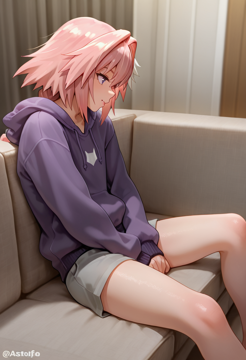 ultra detailed, masterpiece, best quality, solo, 1male, adult, crossdressing, astolfo, sitting, sofa, living room, reclining, from side, legs apart, purple hoodie, grey shorts,   <lora:Steamed_Egg_Style_IL:1>
