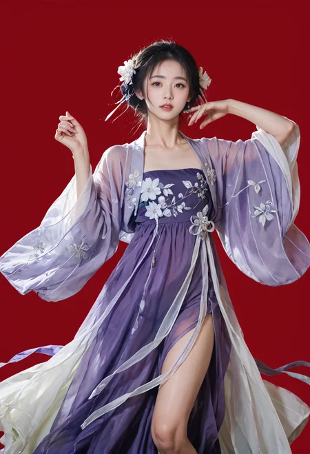 red background,dancing,,ruanyi0752,hanfu,purple dress,see-through,wide sleeves,cowboy shot,<lora:0752 Wisteria butterfly hanfu_v1_pony:1>, score_9,score_8_up,score_7_up,,8k,1girl,solo,