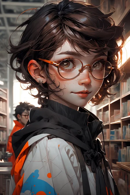 closeup, face, portrait, upper body, 
freckles, 
shy, blush, 
(short brown hair:1.1), 
(library:1.1), 
(round glasses:1.2), 
(brown eyes:1.4), 
<lora:more_details:0.4>
 <lora:Cosmic anime-oil fusion v2:0.45> 
<lora:AnimeVibesV3:0.3> animevibes, 
<lora:3DMM_V11:0.5> 3DMM 
<lora:midjourney_20230624181825:0.7> midjourney ,
 <lora:LAS:0.2> cloud,colorful,
<lora:msw_locon-t2:0.6>
 <lora:wuxia2:0.6> gu,
 <lora:CyberpunkStyleV1:0.2> PunkAI, shiny, shiny hair, shiny skin, shiny clothes