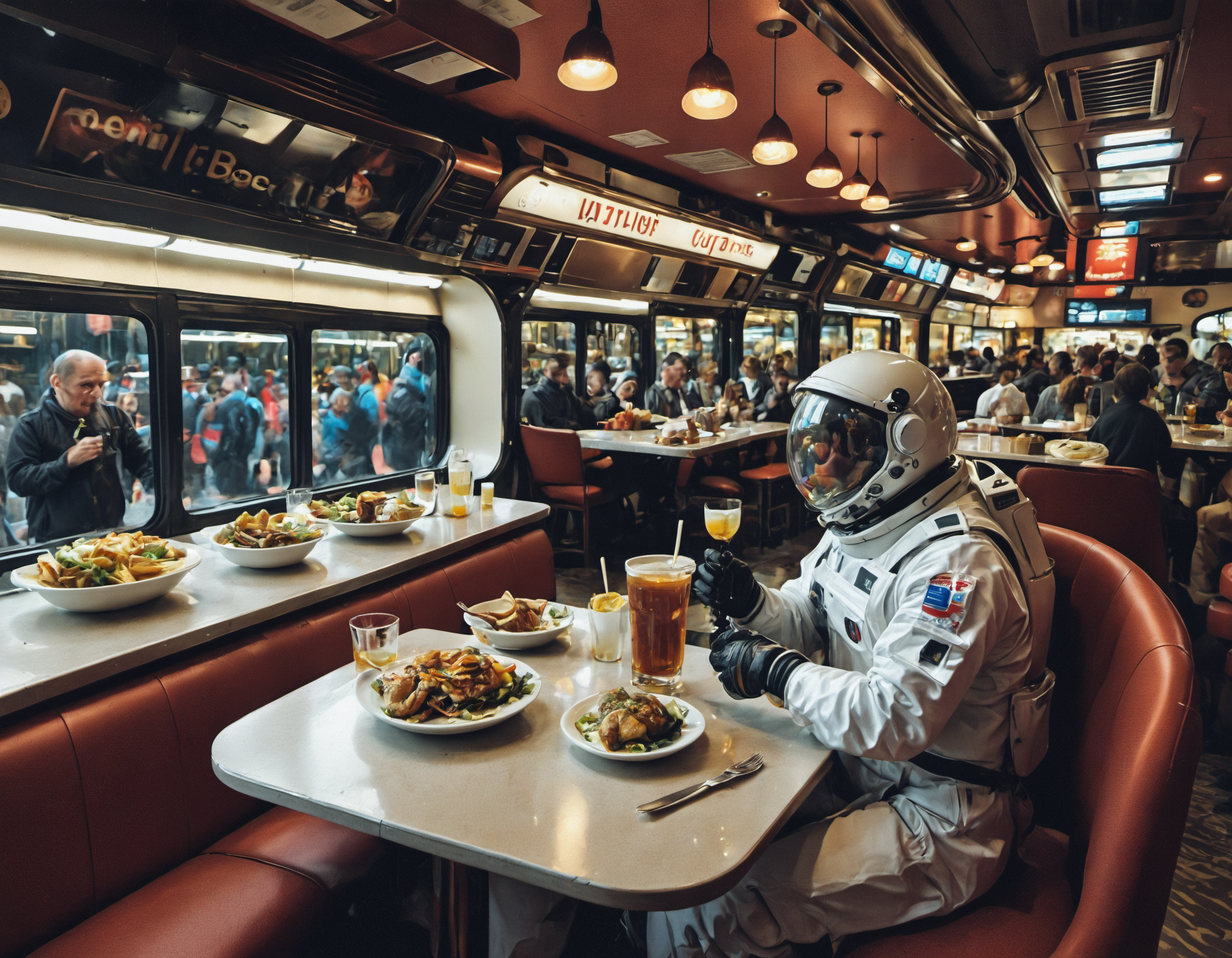 (Astronaut), (in a crowded restaurant), <lora:EldritchCandids1.1.2:0.4> <lora:real_dream_pony_realistic_lora_3:0.4> <lora:MJ52:0.3> <lora:FF.101.juggernautXL_version6Rundiffusion.LORA:0.4> <lora:JuggerCineXL2:0.3>