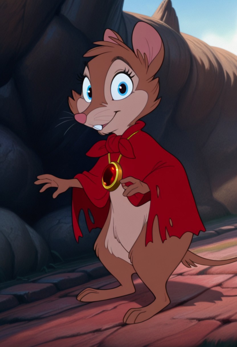 masterpiece, best quality, amazing quality, BrisbyNIMHIL, semi-anthro, female-mouse, brown fur, blue eyes, whiskers, buck teeth, red cloak, torn clothes, outside, standing, necklace, gold pendant red gem, smile, looking at viewer, full body
